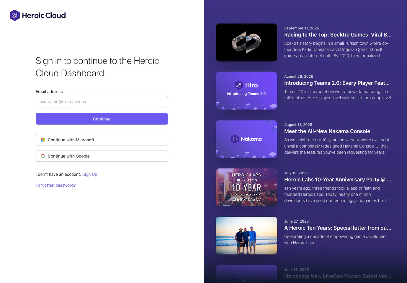 The new Heroic Cloud 2.0 login interface