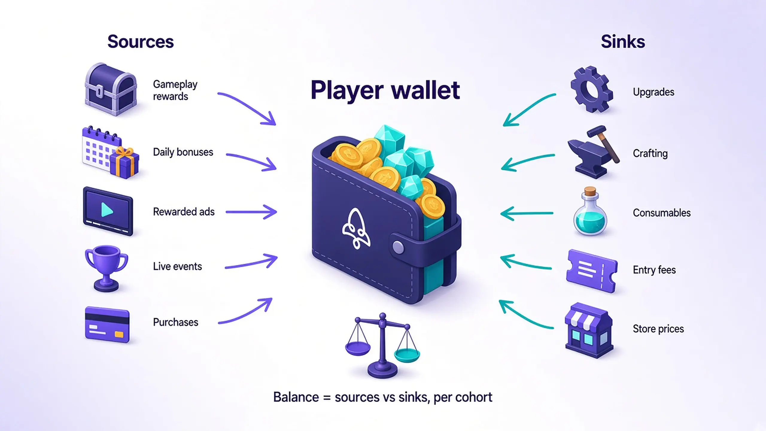Diagram of a game economy: sources such as gameplay rewards, daily bonuses, rewarded ads, events, and purchases flow into the player wallet, and sinks such as upgrades, crafting, consumables, and store prices drain it.