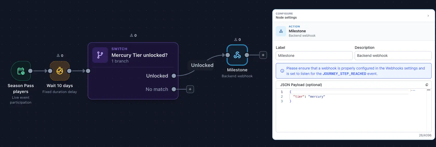 Configuring a webhook node to call an external service with a custom payload