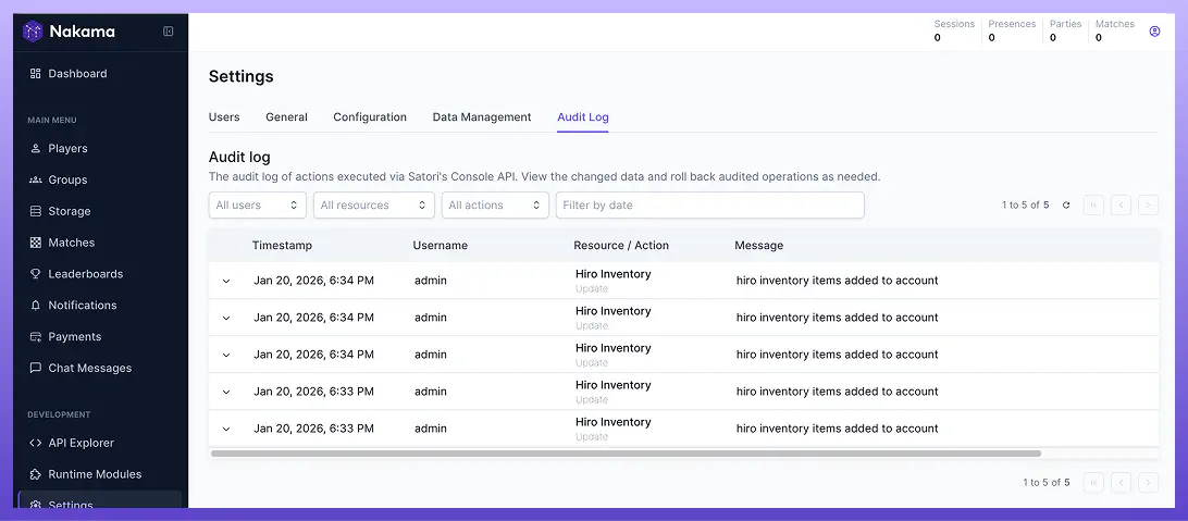 Audit logging in Nakama Console