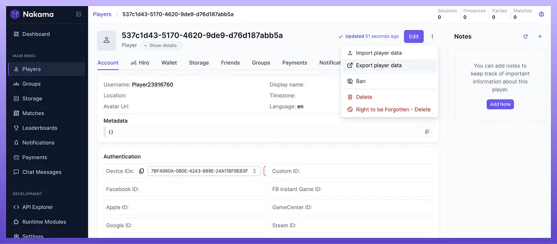 Account export and import in Nakama Console