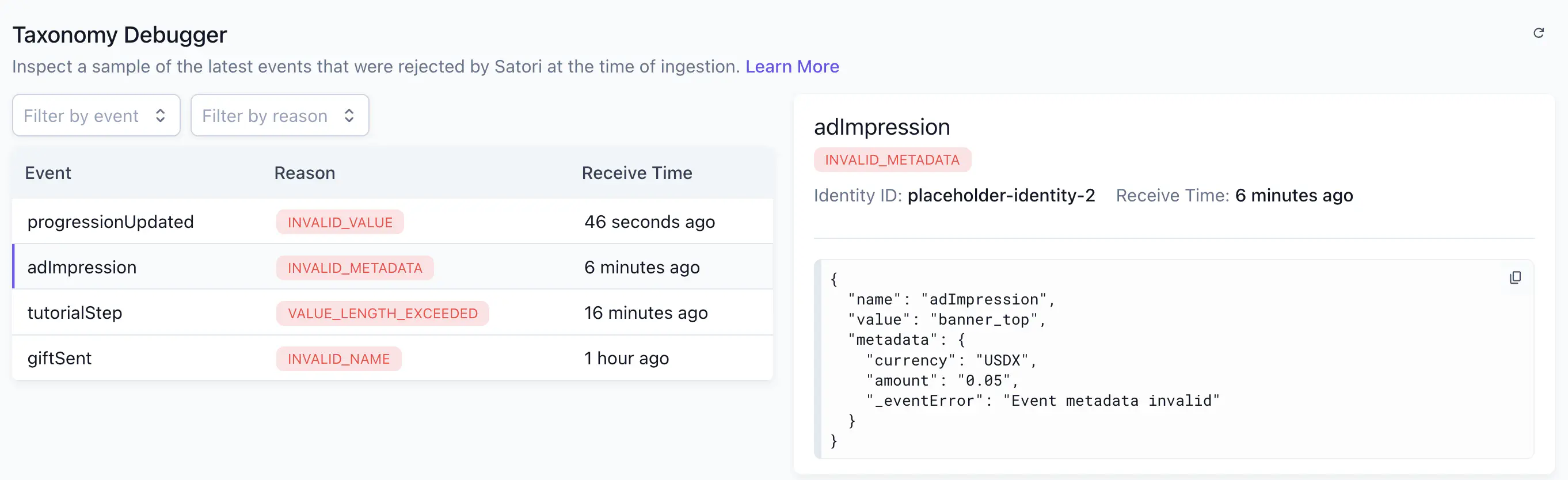 Event validation debugger showing rejected events with rejection reasons