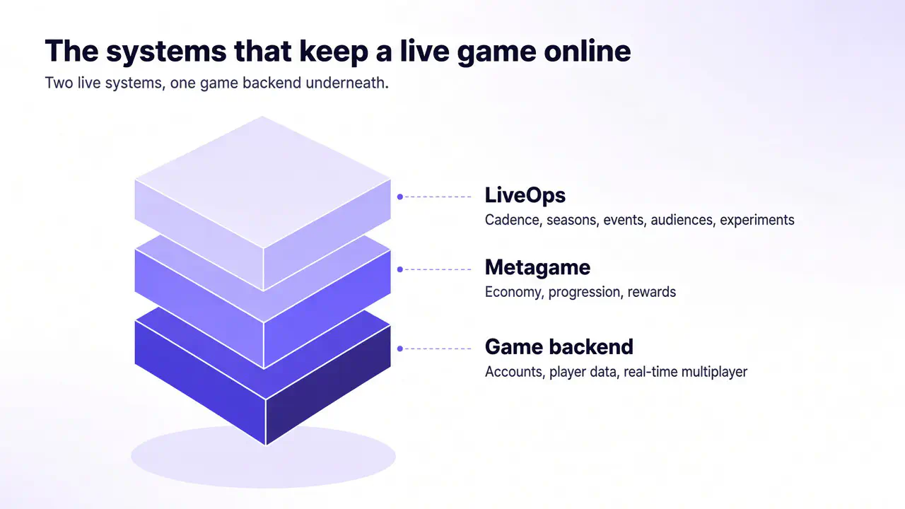 Isometric stack of three layers: LiveOps covering content cadence, seasons and live events, audiences, and experiments; metagame including the player economy; and a game backend underneath that handles accounts, player data, and real-time multiplayer.