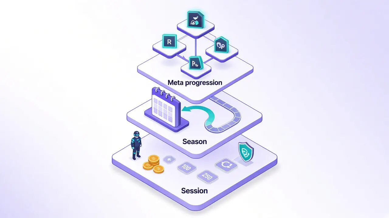Three layers of progress: session rewards that reset, a seasonal track on a calendar, and durable meta progression unlocks on top