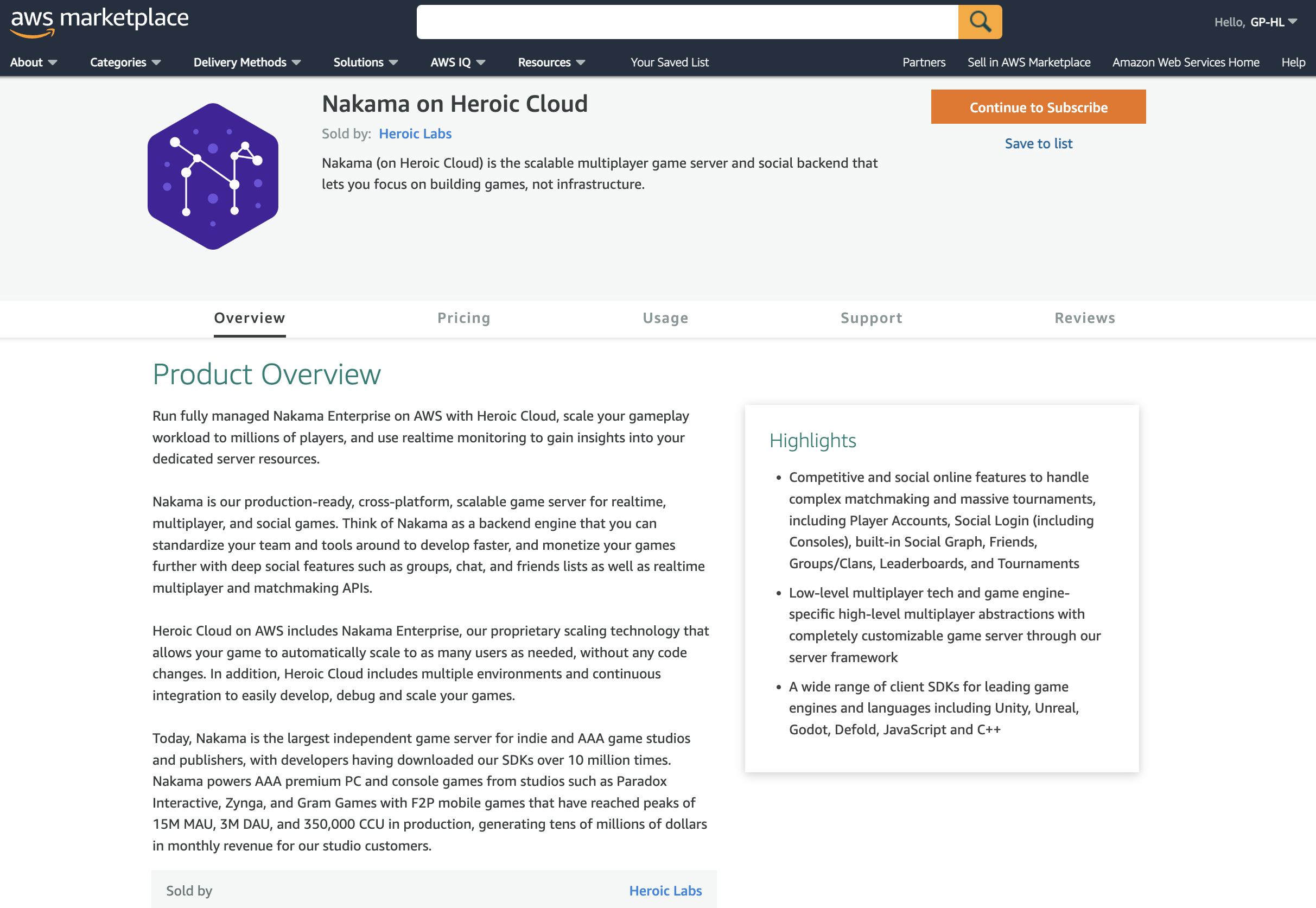 AWS Marketplace: Nakama on Heroic Cloud product page