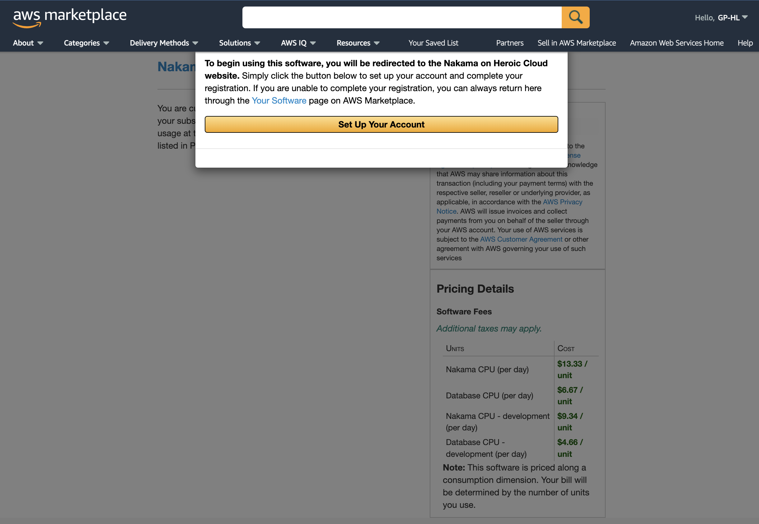 AWS Marketplace: Nakama on Heroic Cloud subscription summary