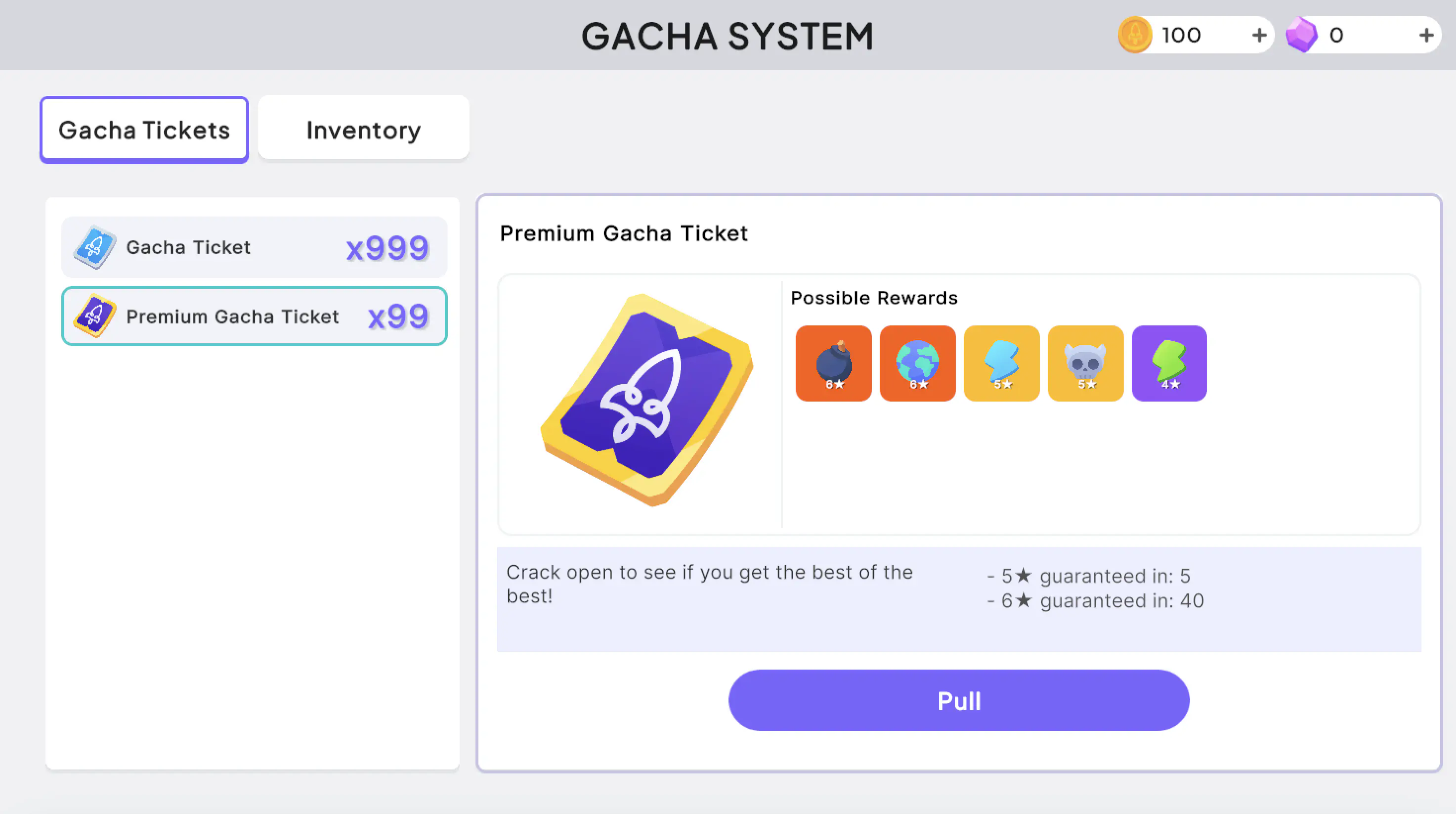 Players spend currency called Tickets to try their luck obtaining random rewards of varying rarity