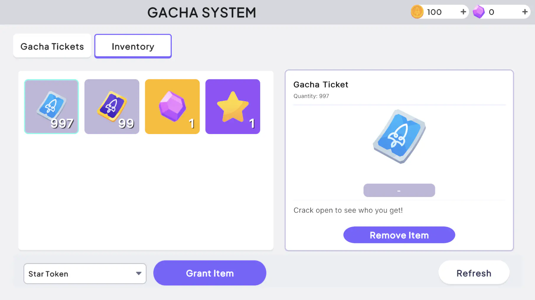 Tickets and rewarded items are tracked in the player's inventory