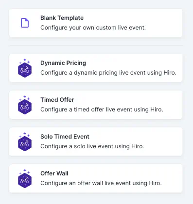 Satori Console live event template picker showing Blank Template, Dynamic Pricing, Timed Offer, Solo Timed Event, and Offer Wall options