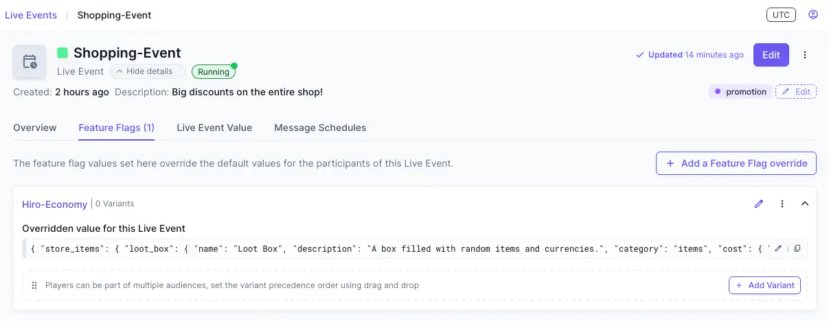 Satori Console Shopping-Event live event, running, with a Hiro-Economy flag override on its Feature Flags tab