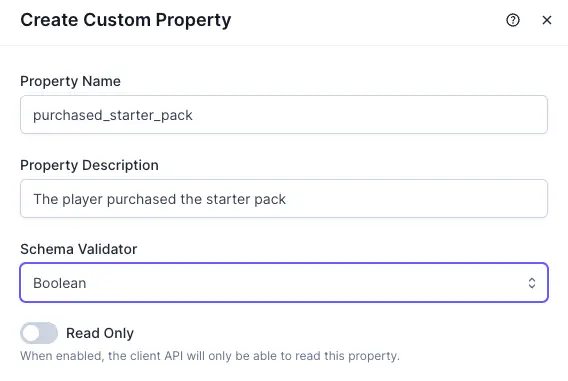 Satori Console Create Custom Property modal with the name purchased_starter_pack, a description, and a Boolean schema validator