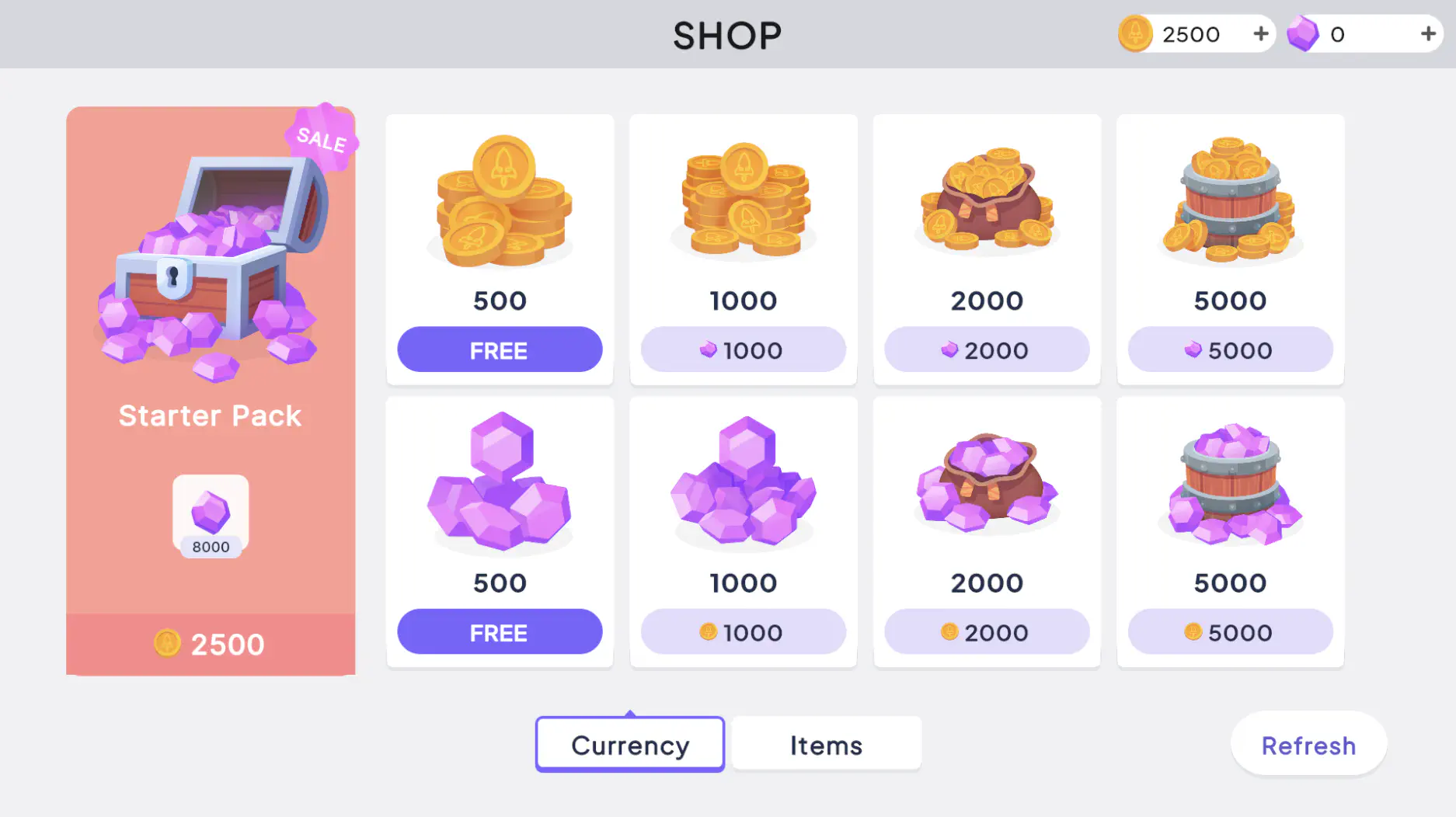 The base Hiro Store project displaying two rows of currency that the player can purchase as well as a starter pack
