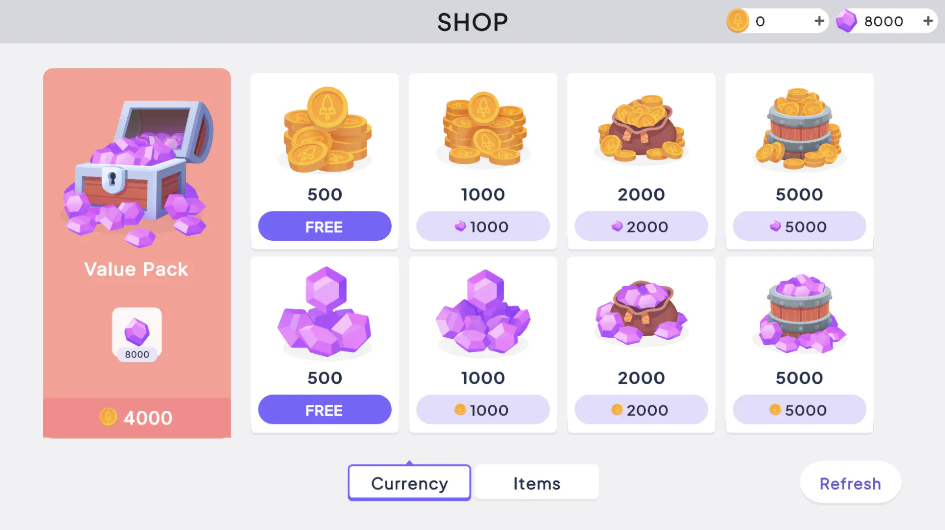 The store Currency tab after purchase, with the featured pack renamed Value Pack priced at 4000 coins and no sale badge