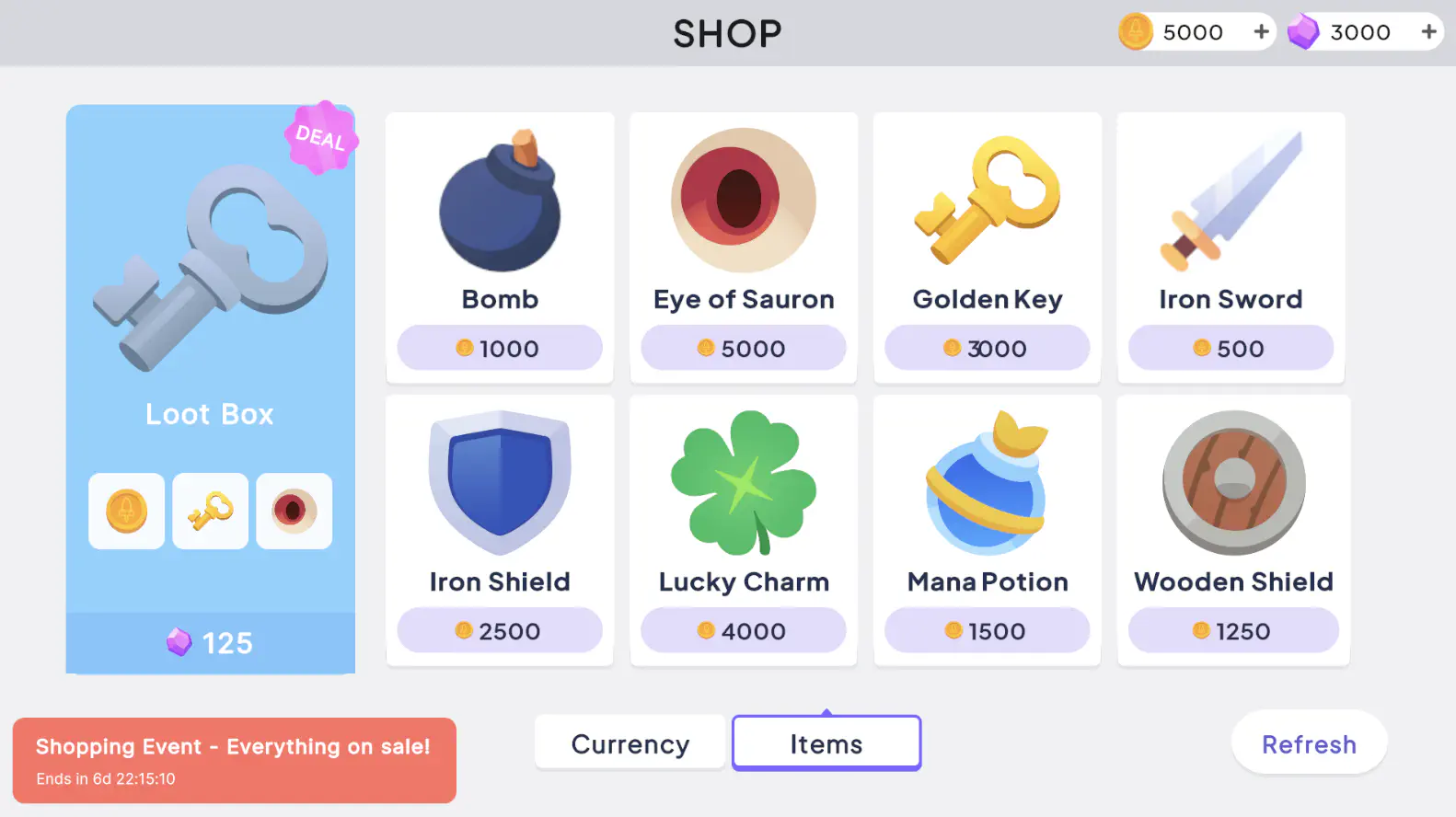 The store Items tab during the sale, every item at half price with a Shopping Event banner and countdown in the bottom-left corner
