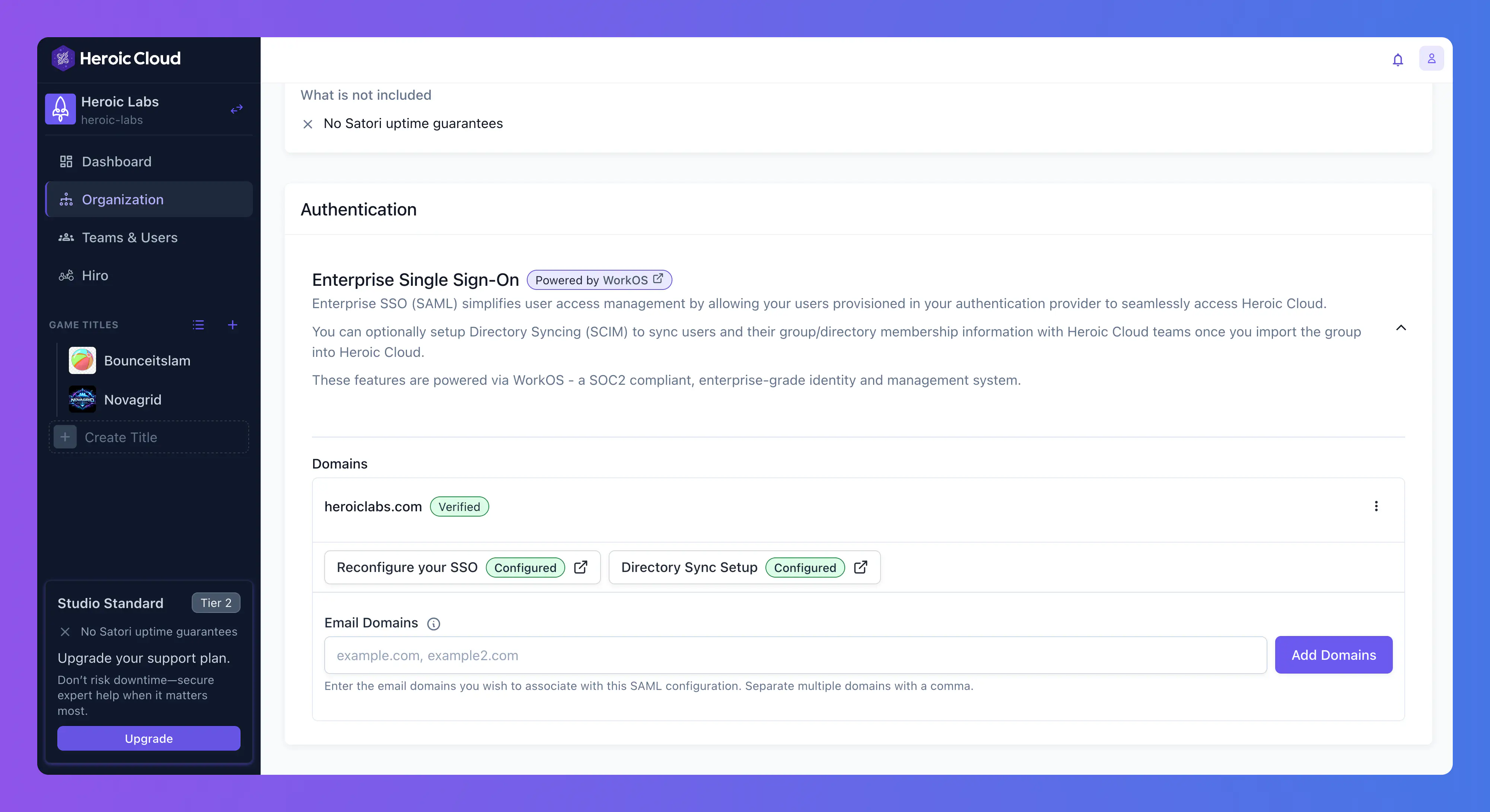 Heroic Cloud Organization Overview page showing the Enterprise Single Sign-On section with a Verified domain badge and a Configured SSO badge
