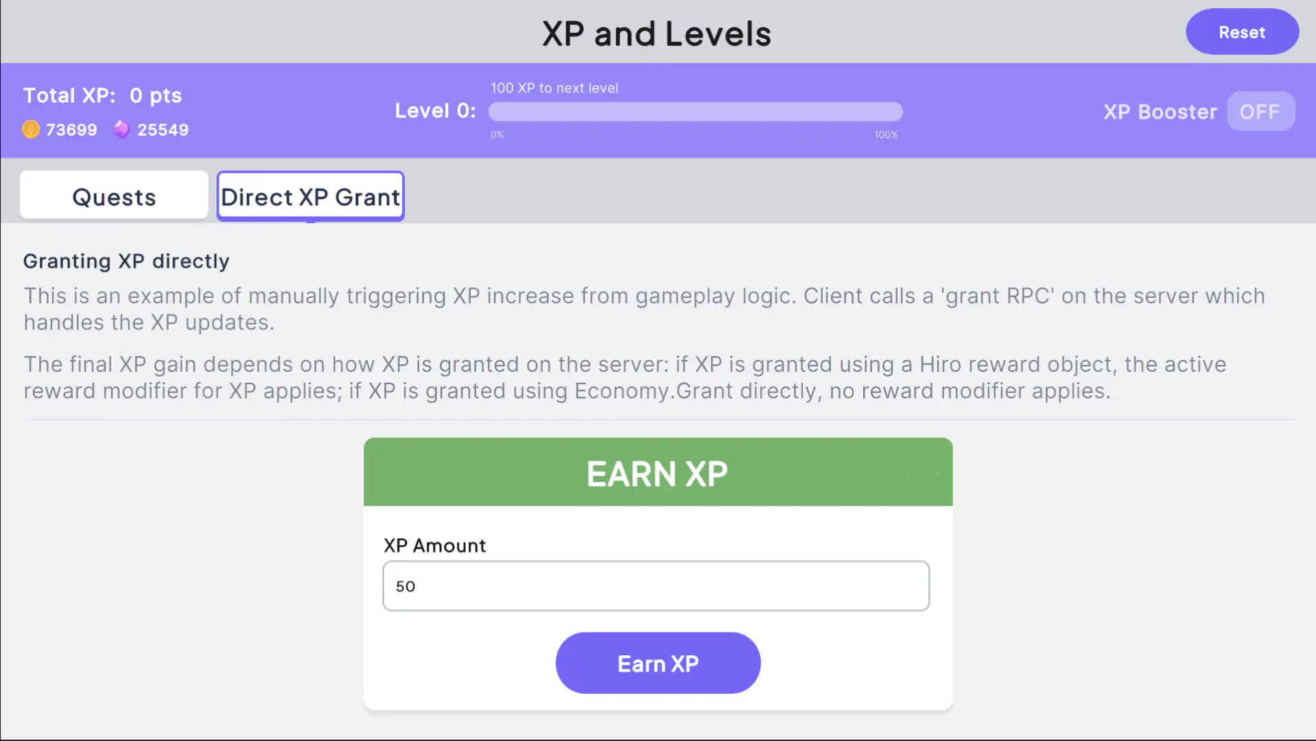 Direct XP Grant tab in the sample project showing an XP amount entered and the Earn XP button