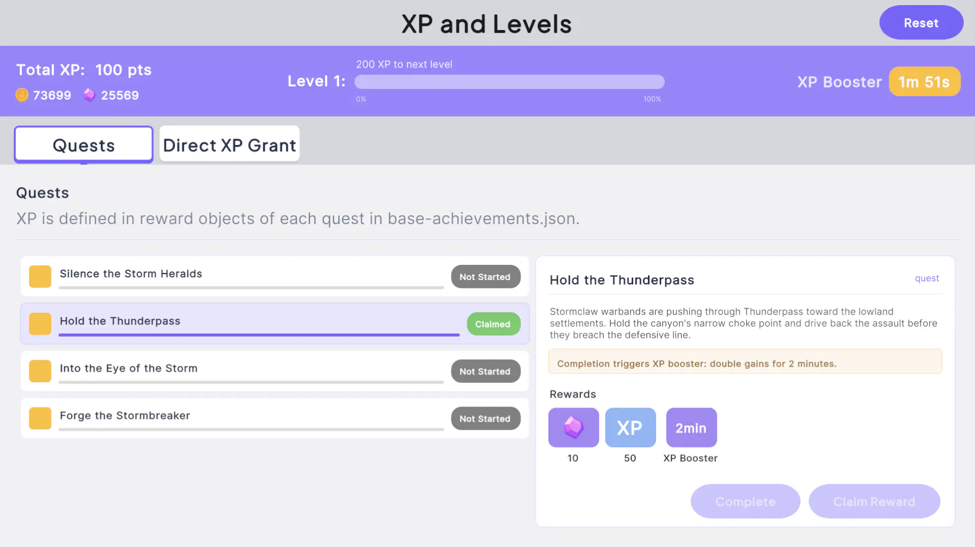 Quests tab in the sample project showing Hold the Thunderpass claimed with a 50 XP reward and an active XP Booster countdown