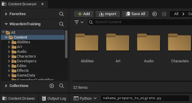 Unreal console set to Python with nakama_prepare_to_migrate.py entered