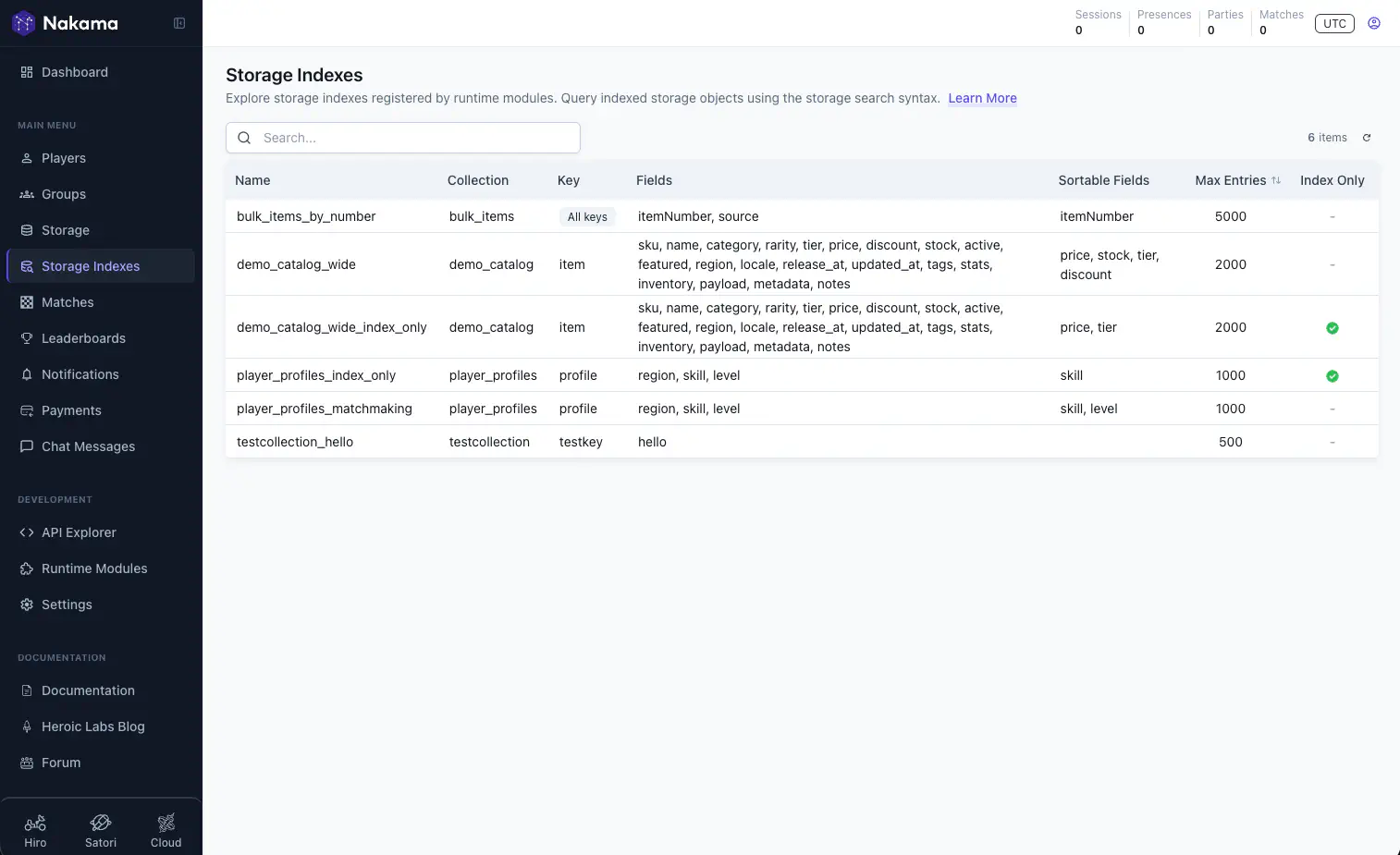 Configured storage indexes listed in Nakama