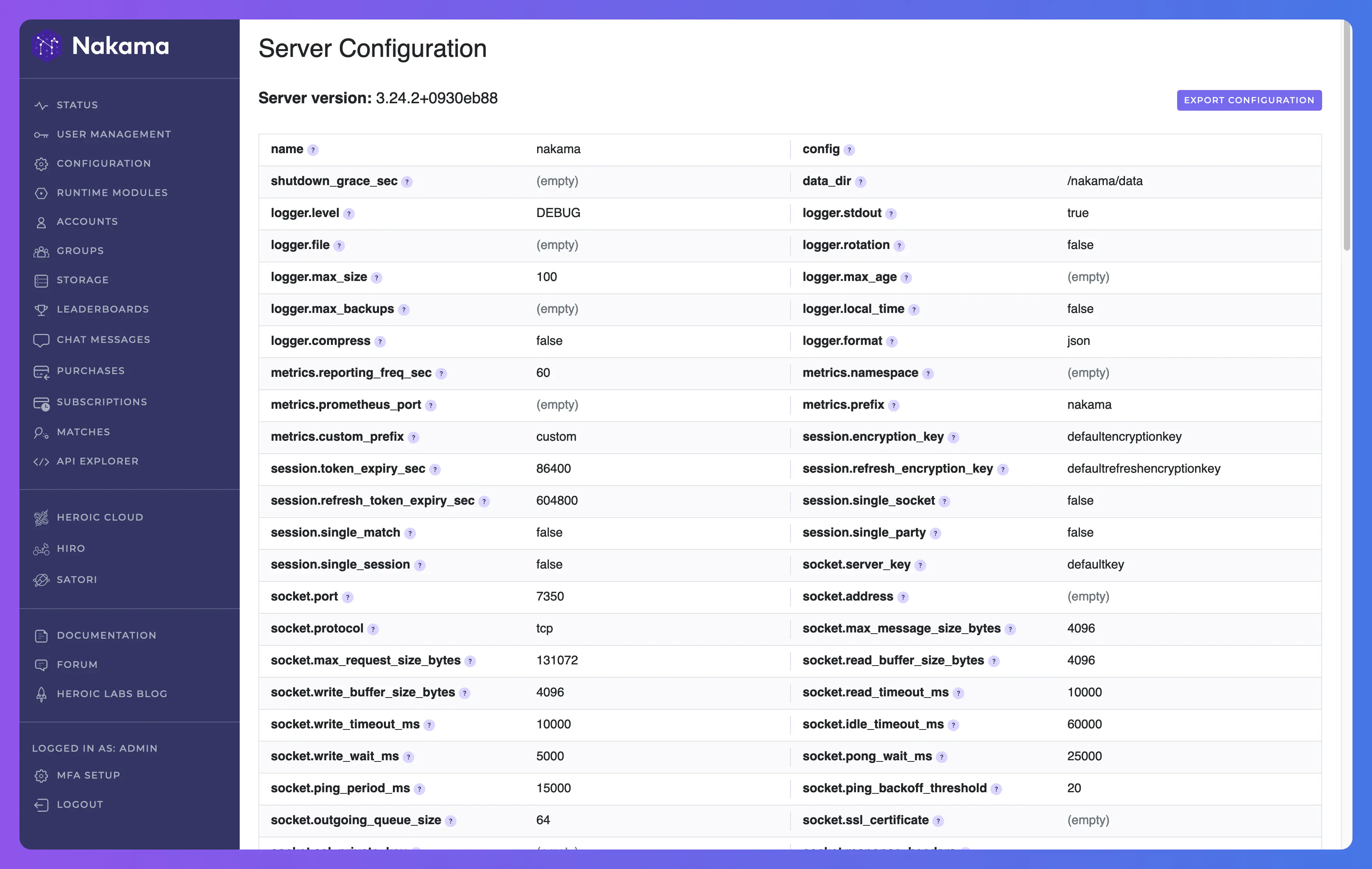 Console Configuration Page