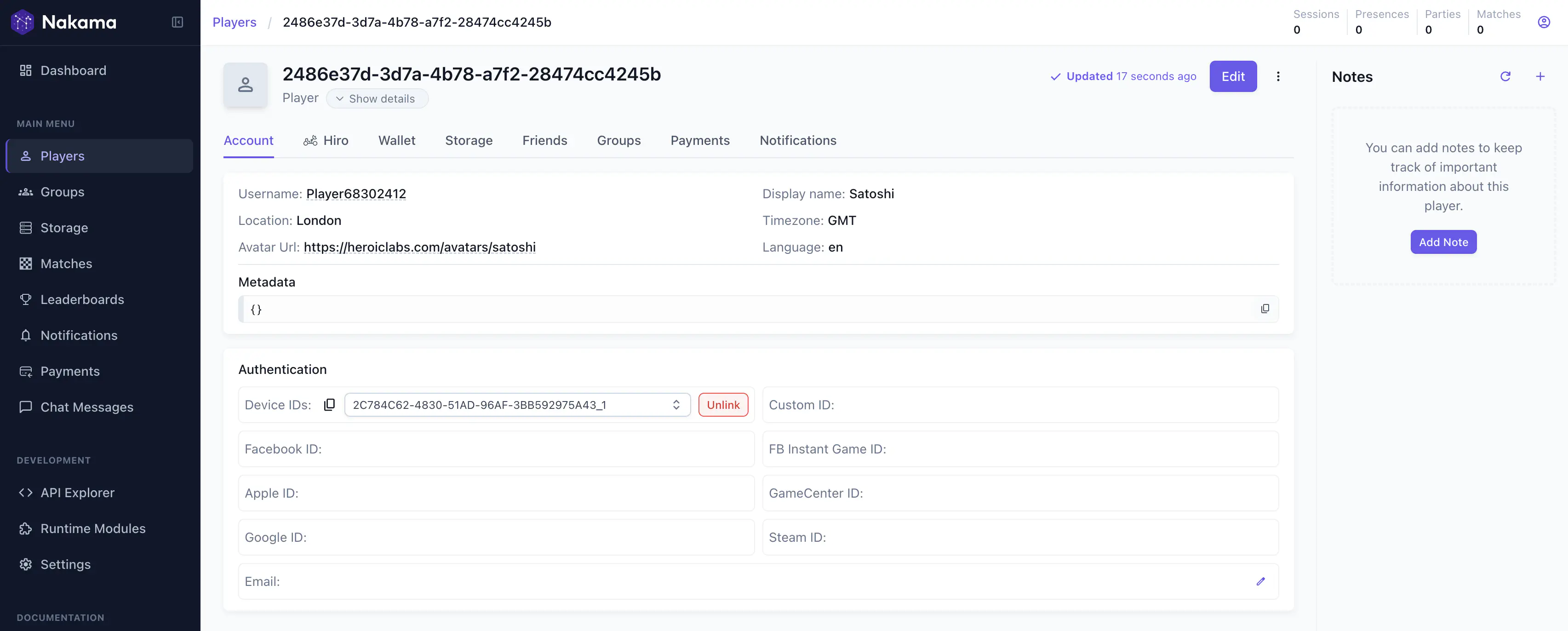 Nakama console individual player page showing tabs for Account, Friends, Groups, Wallet, Payments, Notifications, and Storage with Export, Ban, and Delete actions