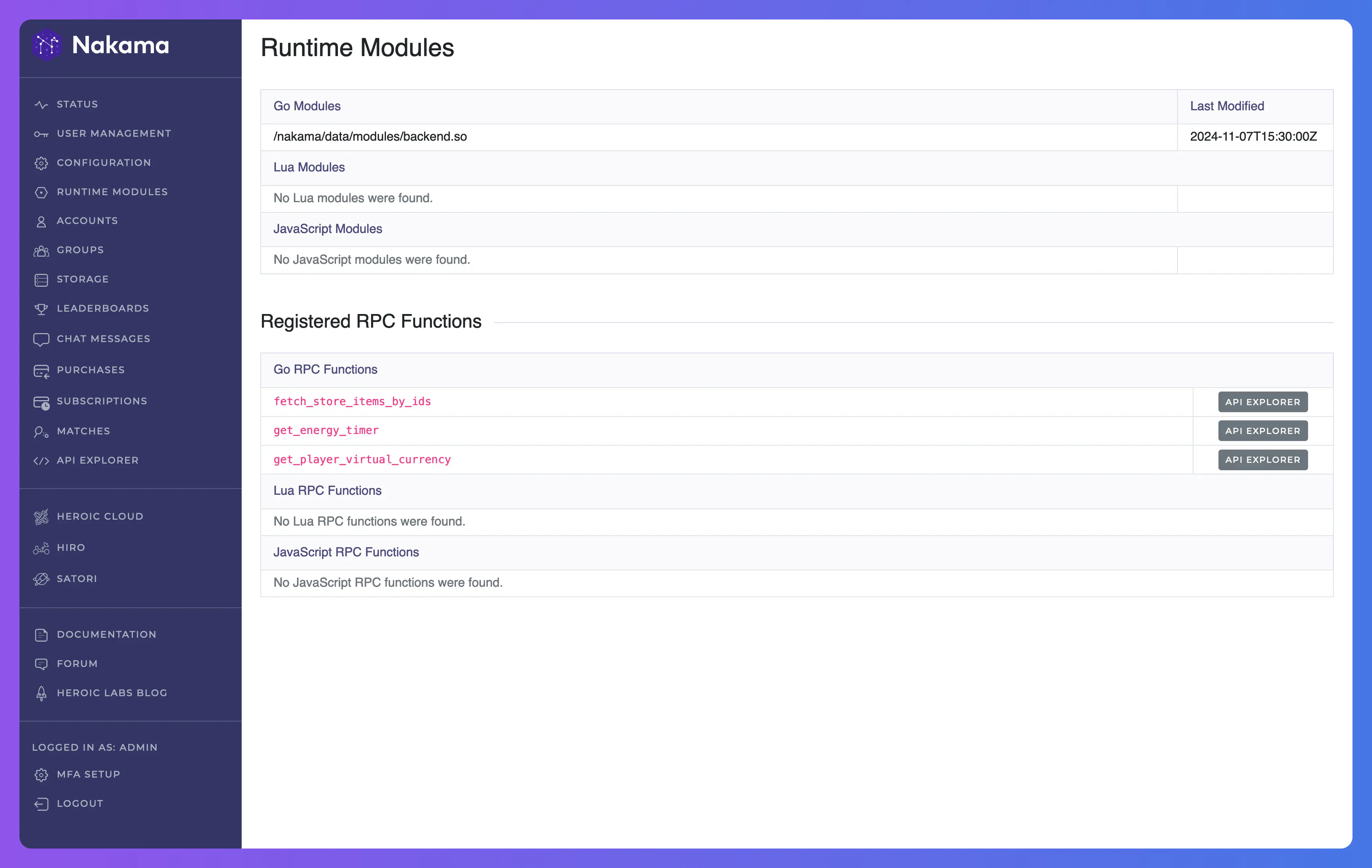 Console Runtime Modules Page