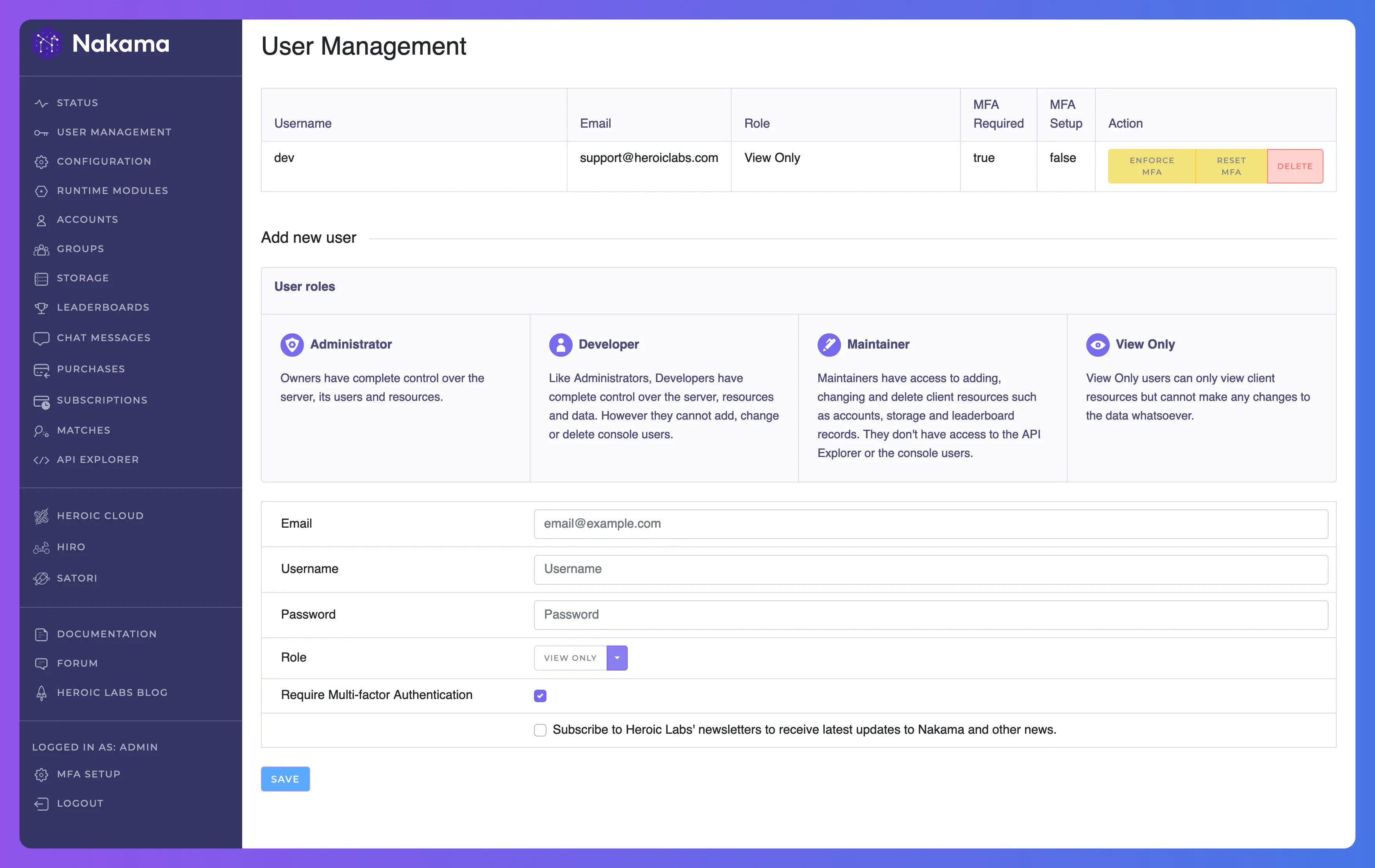 Console User Management Page