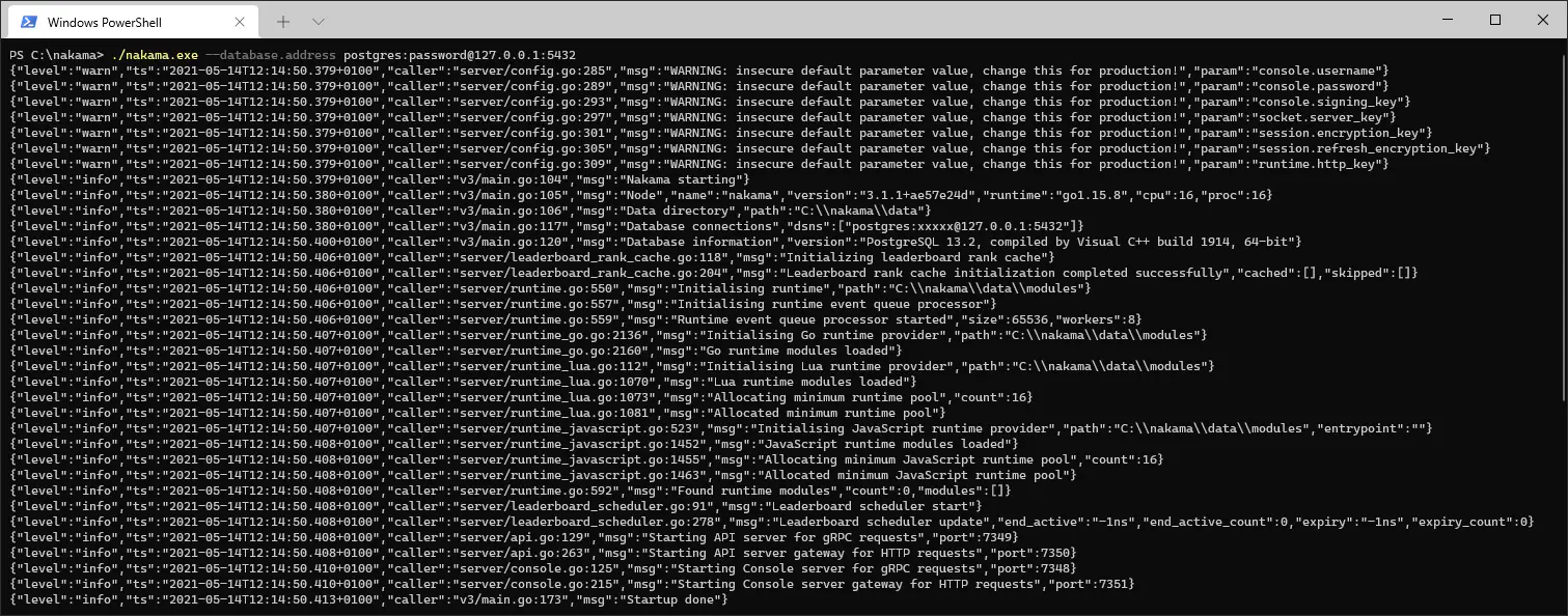 Nakama running using PostgreSQL