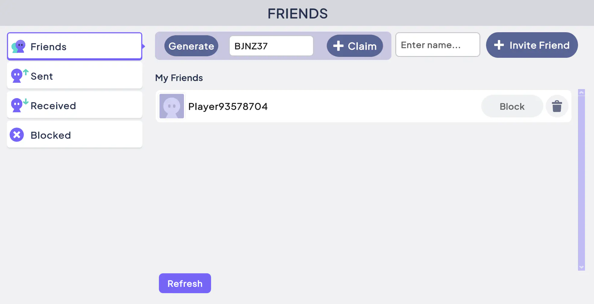 Players can generate a friend code to send outside the game, or claim one to add each other as friends