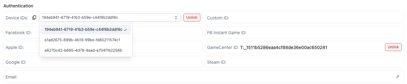 Nakama Console authentication panel showing one account with three device IDs and a linked Game Center ID