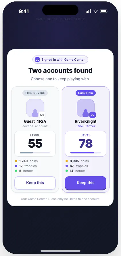 Progress choice UI showing two accounts, a device account and a Game Center account, with their level, coins, trophies, and heroes compared side by side