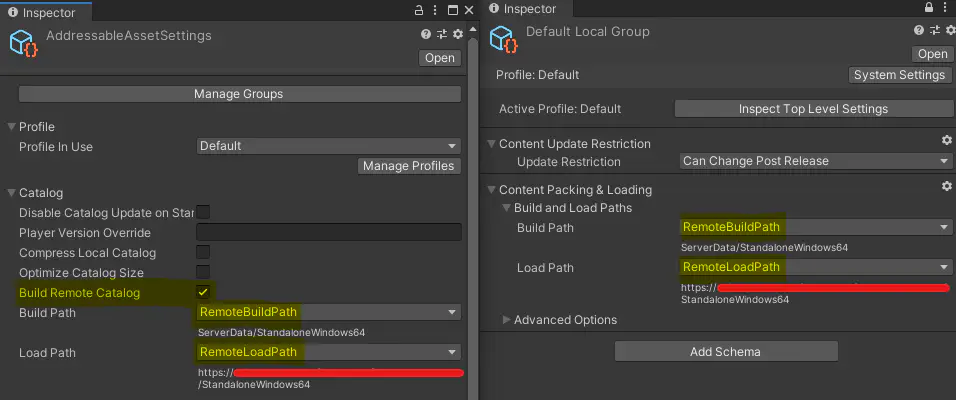 Configuring Addressables to build and load remotely