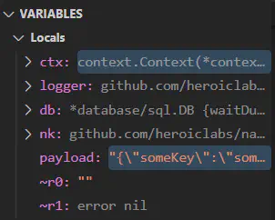 The populated variables panel showing the incoming RPC payload