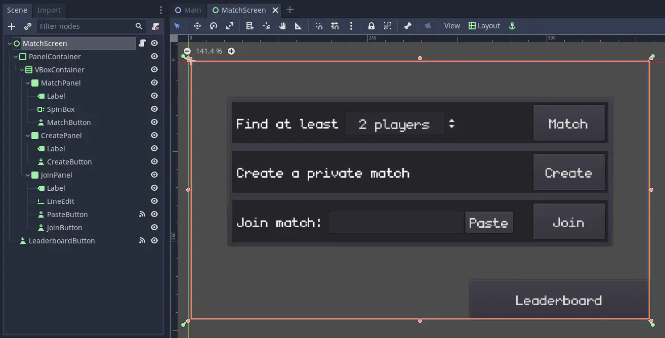 Screenshot of the MatchScreen scene in the editor.