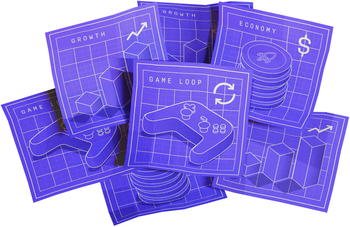 A scattered stack of blueprints sketching out a game loop and a growth curve