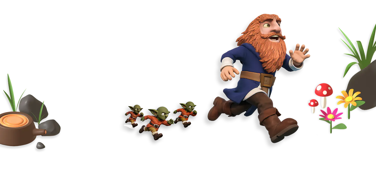 A dwarf running across a grassy field, chased by three goblins