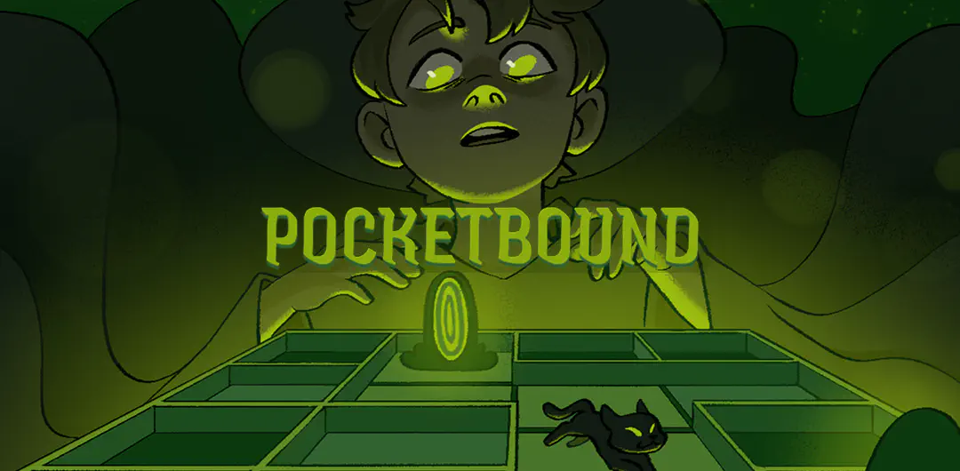 Pocketbound key art showing a child reaching into a dungeon of sliding rooms
