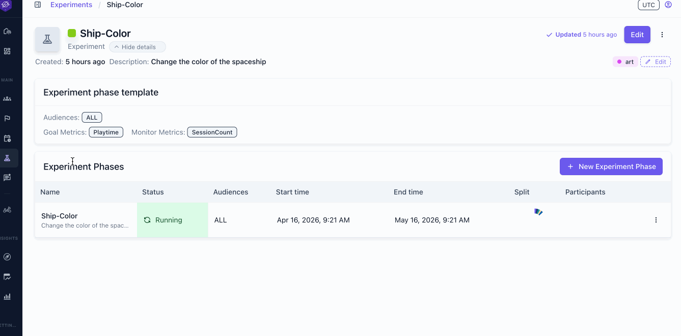Experiment phase three-dot menu showing the copy option