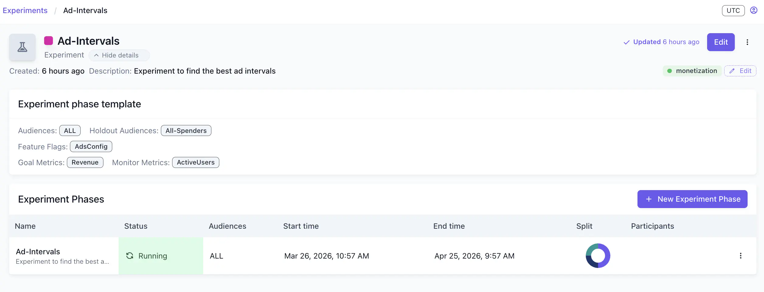 Experiment phase detail view showing the three-dot menu copy option
