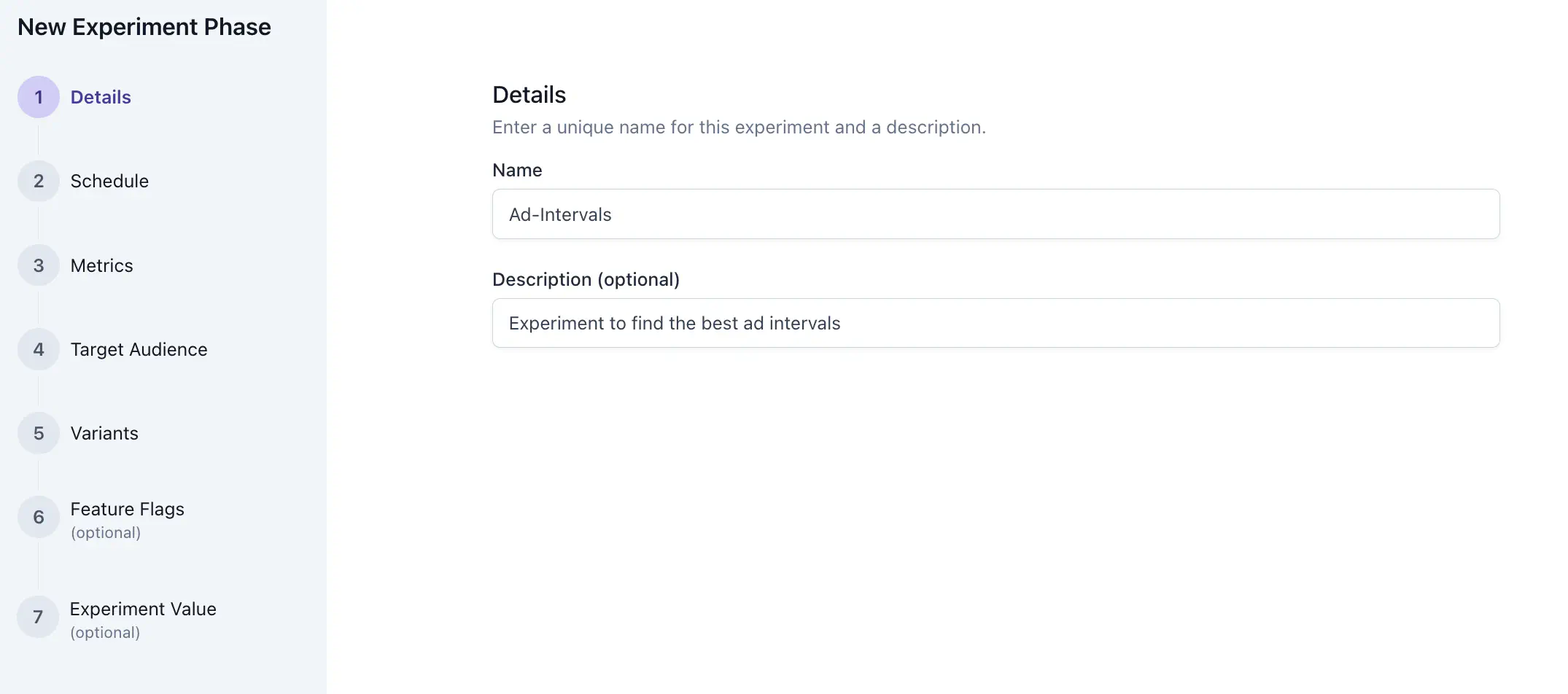 Experiment detail view showing the New Experiment Phase button and phase list