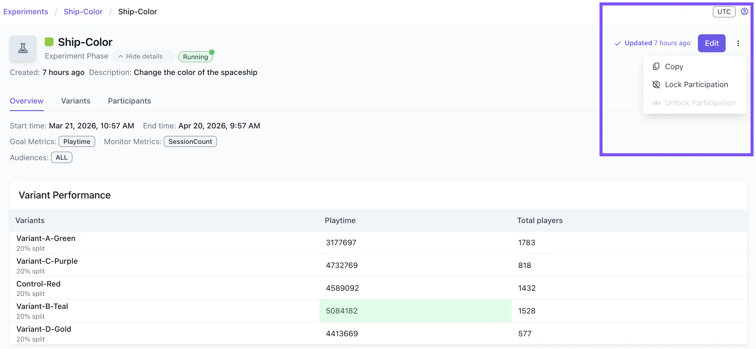 Experiment phase three-dot menu showing the copy option