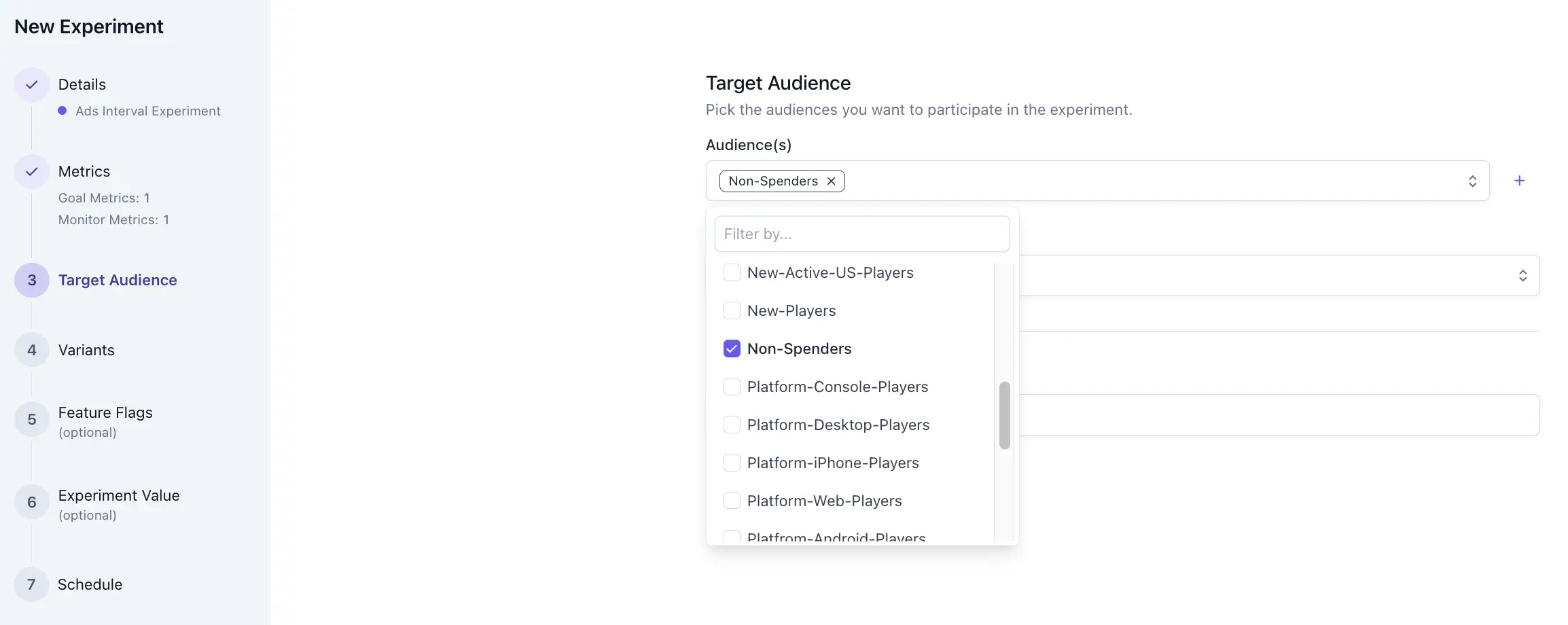 Experiment create wizard — metrics