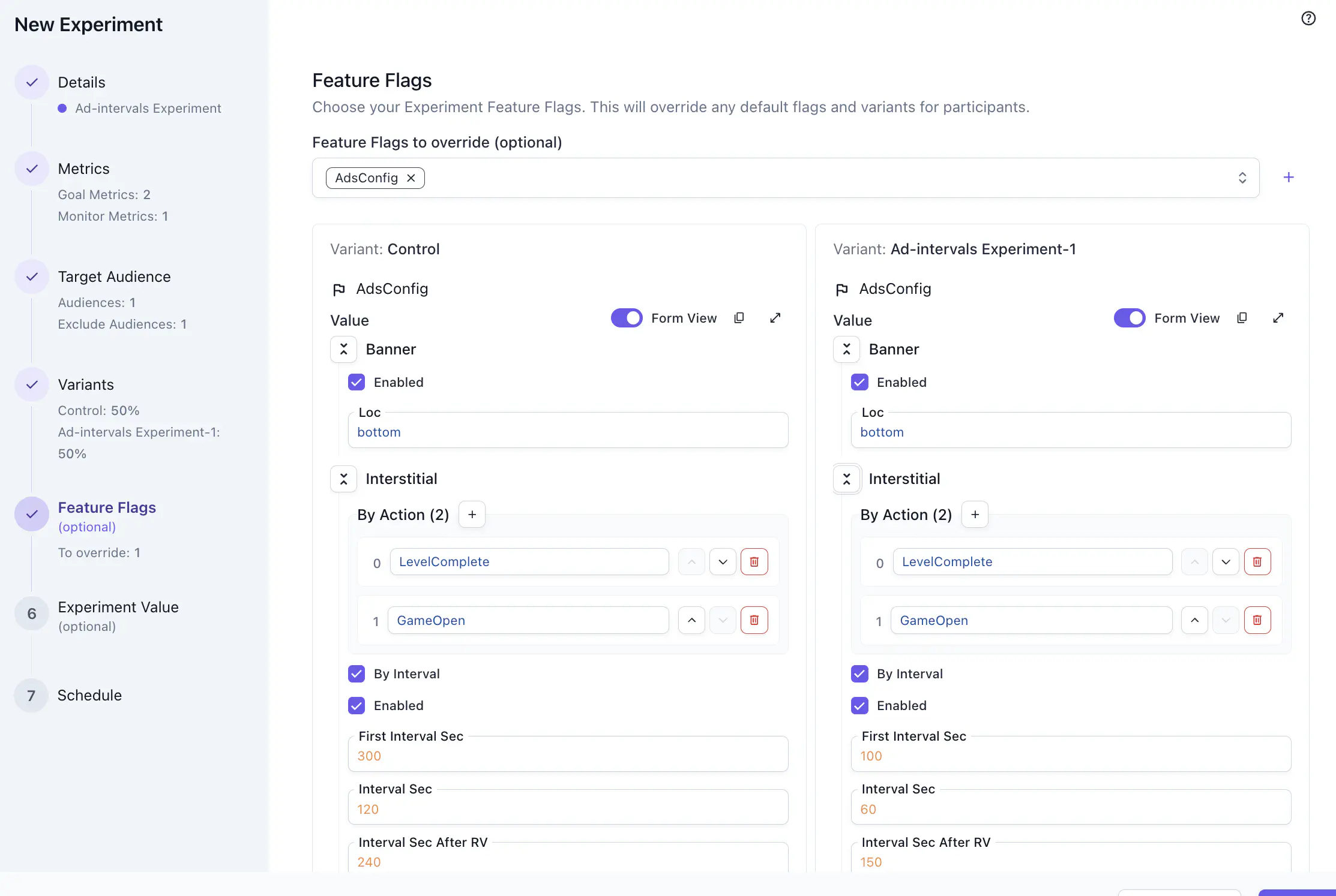 Experiment create wizard — feature flags form view