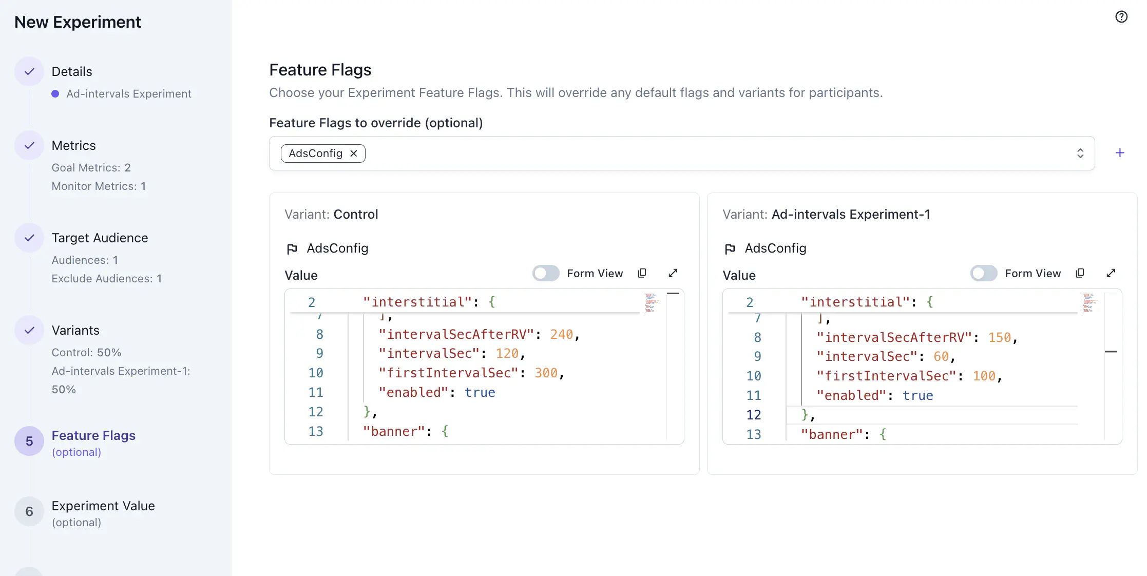Experiment create wizard — feature flags query view