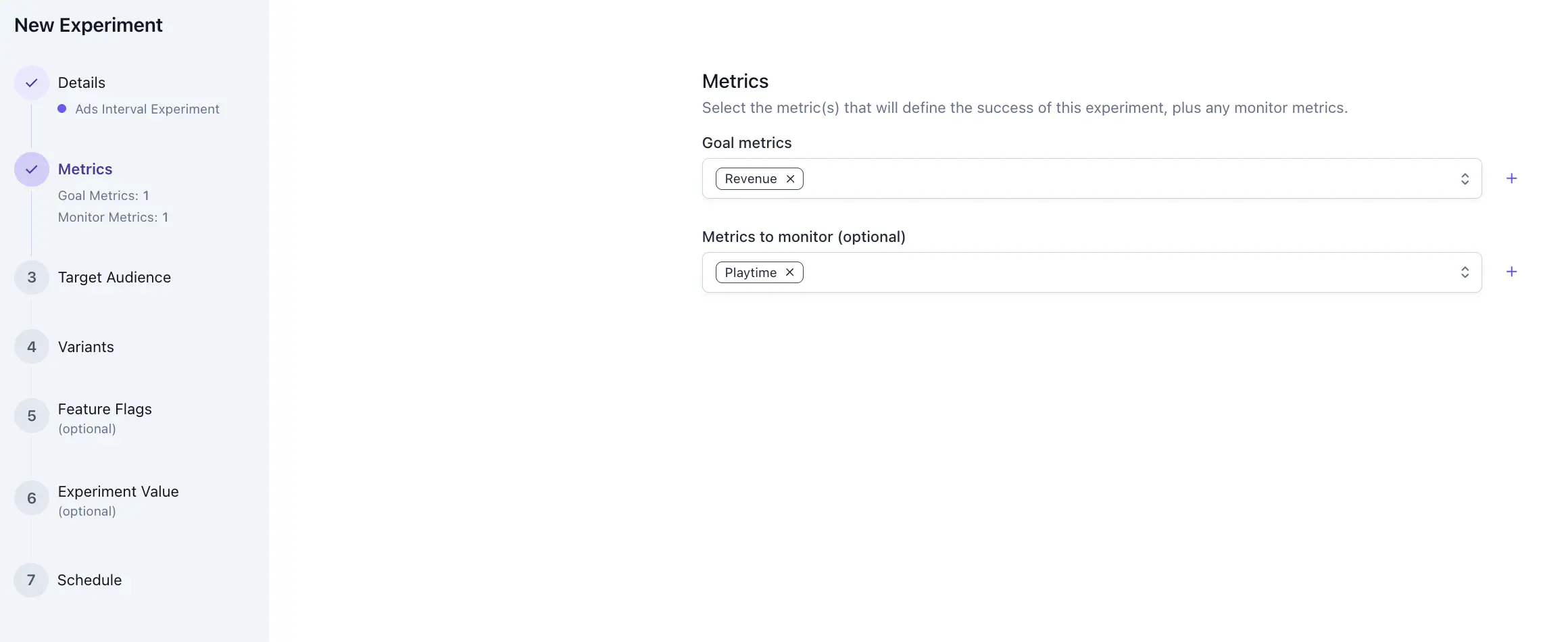 Experiment create wizard — metrics