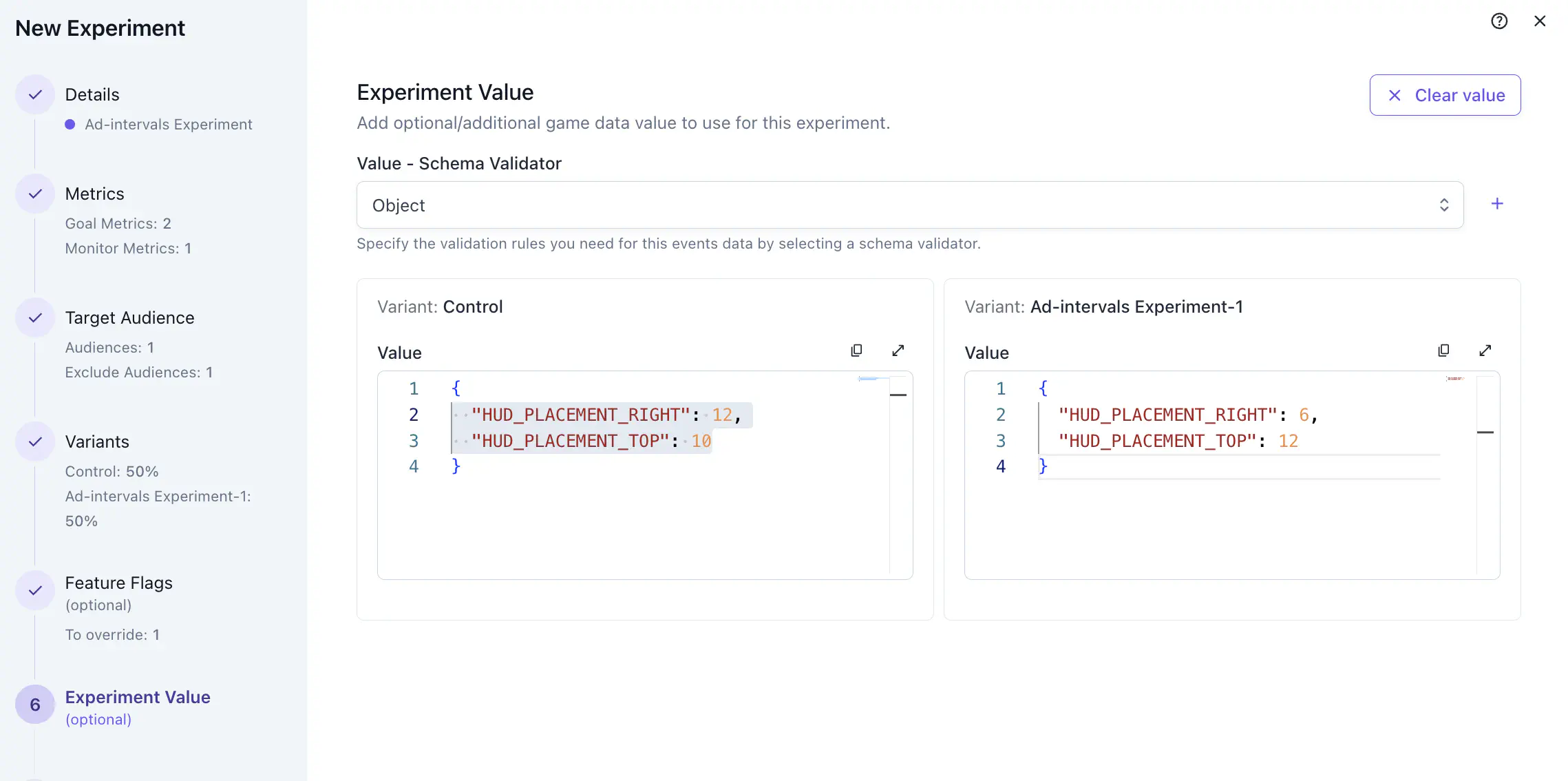 Experiment create wizard — experiment value