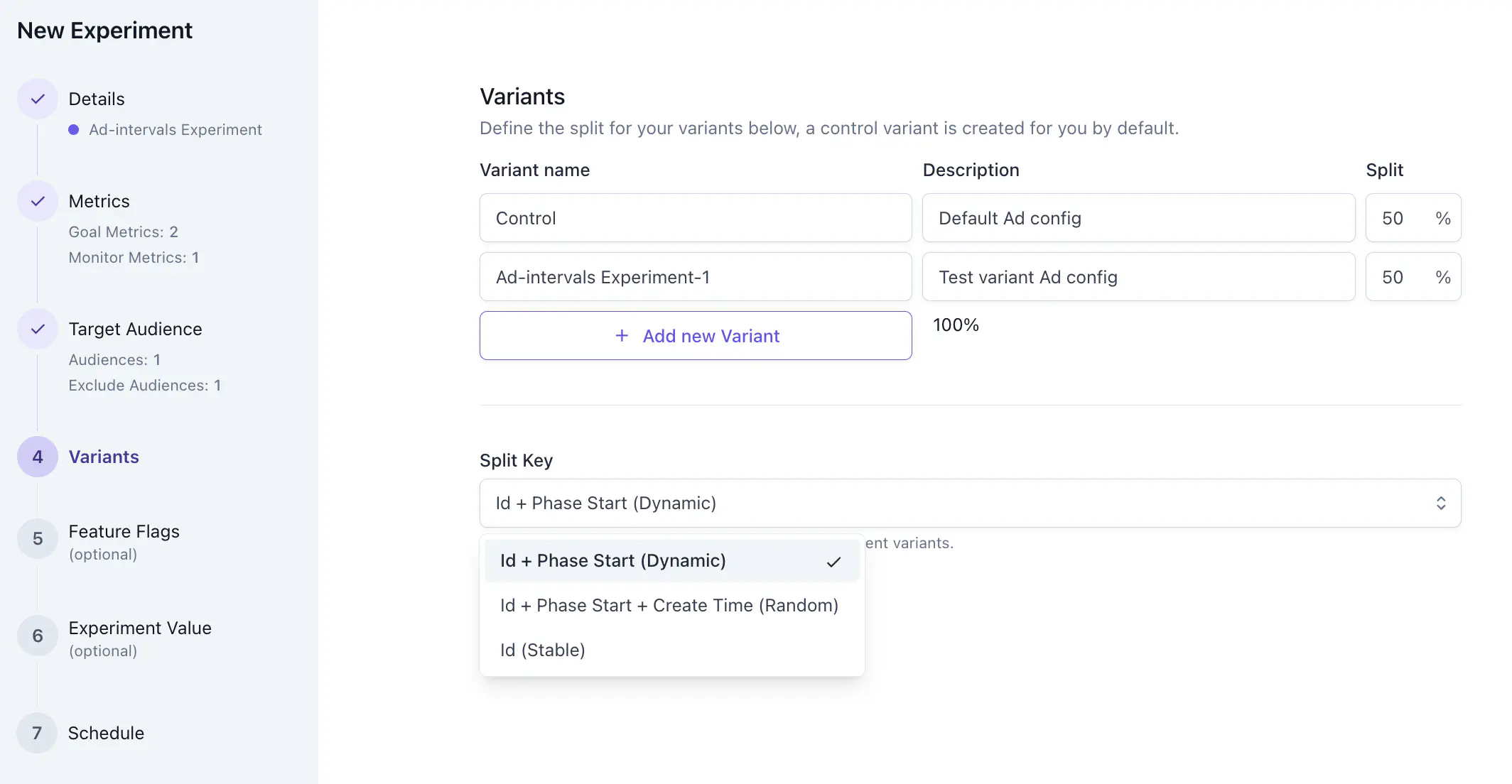 Experiment create wizard — variants