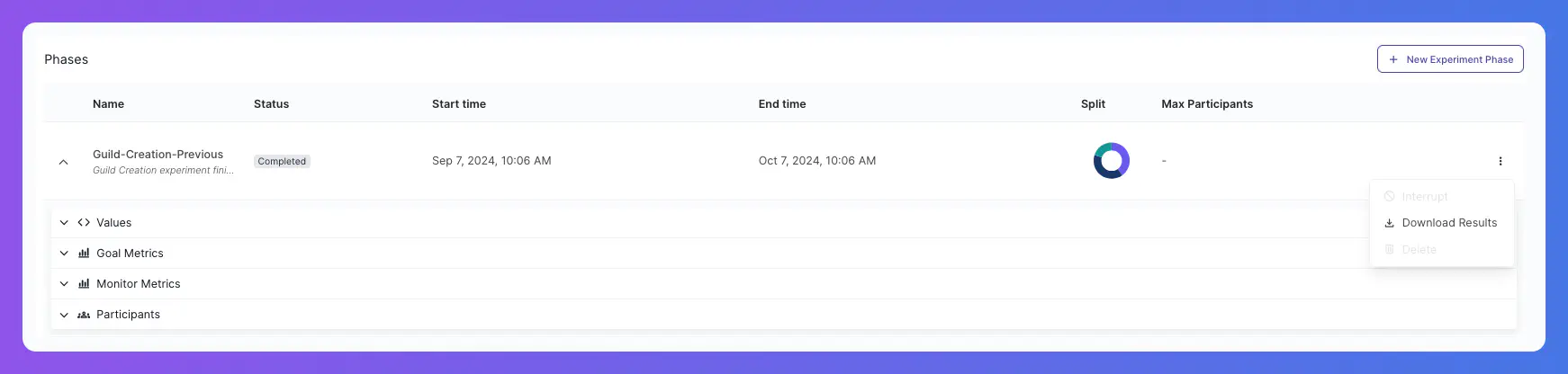 The Download Results button is accessed from the three-dot menu from the experiment phase view