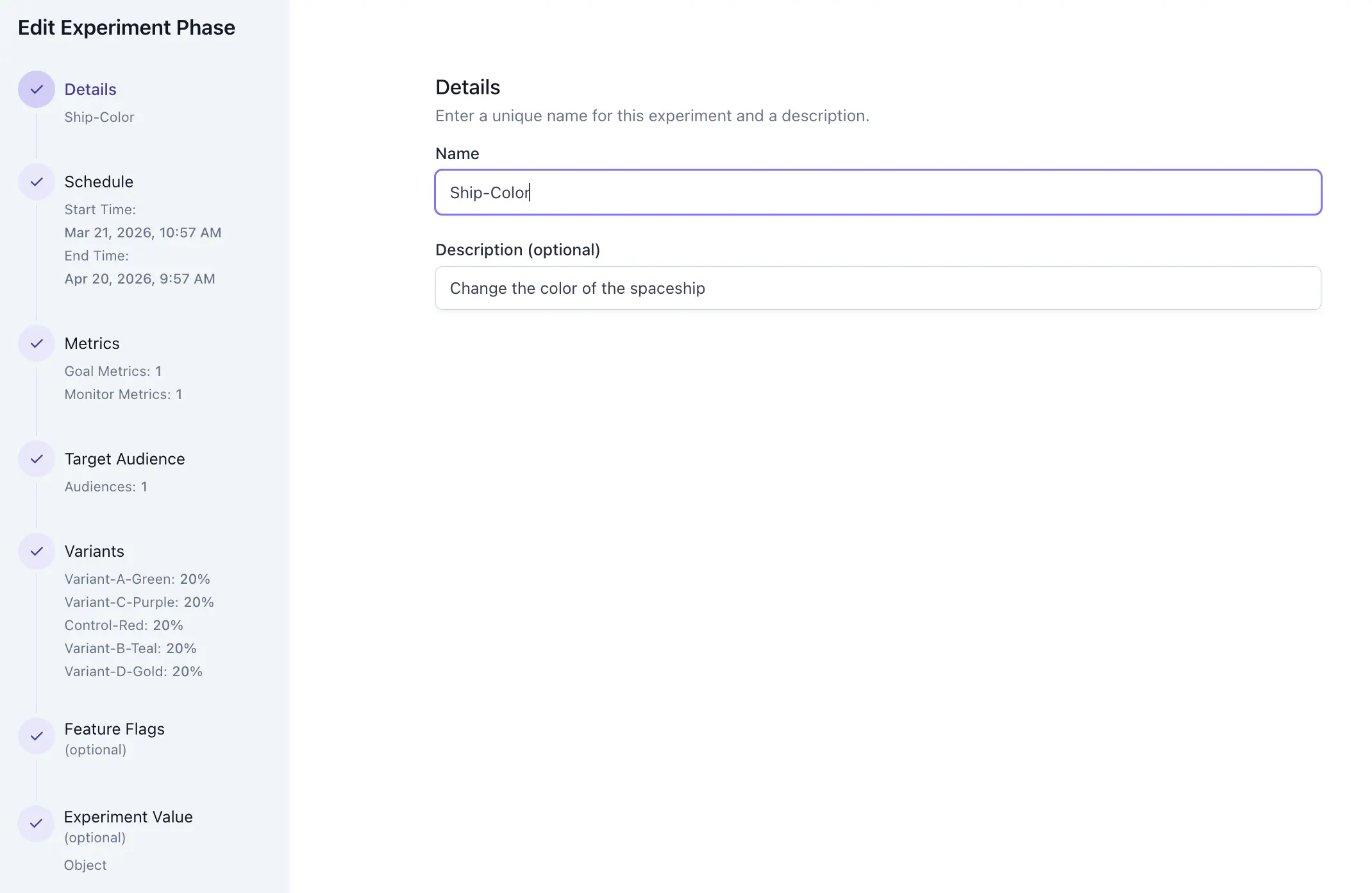 Edit experiment phase wizard