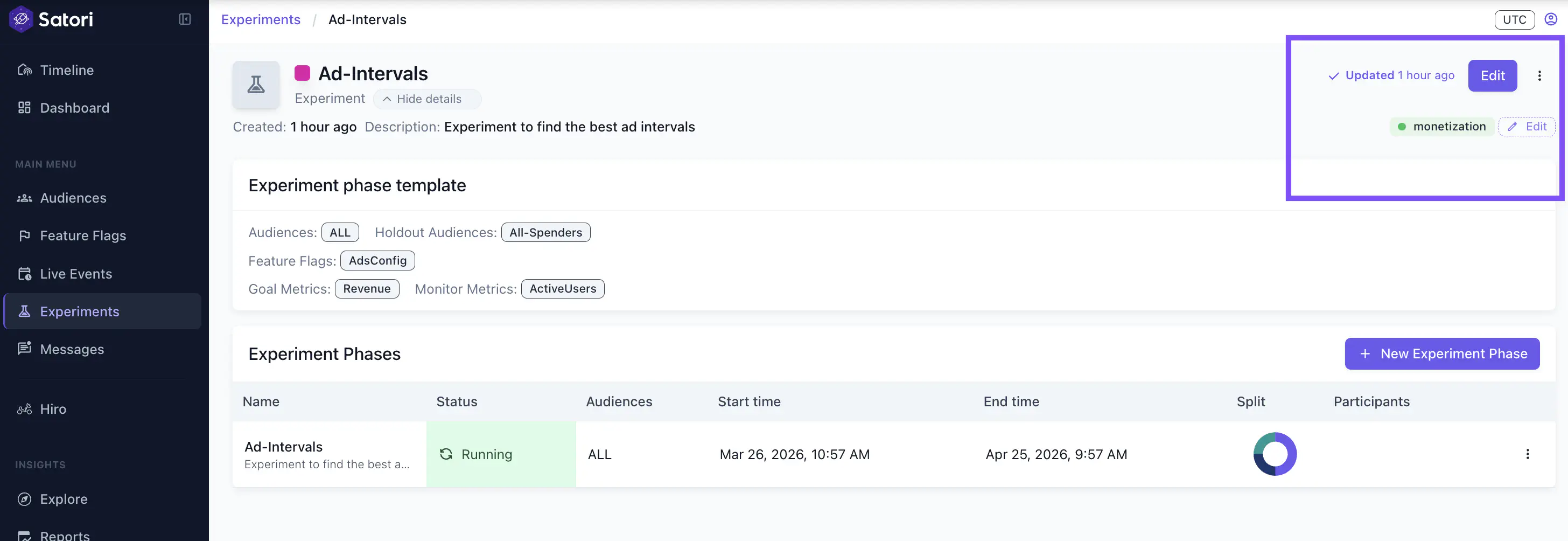 Edit experiment button